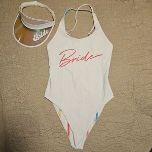 Reversible Bride White & Stripes 80s Style Bachelorette Swimsuit with Visor XL